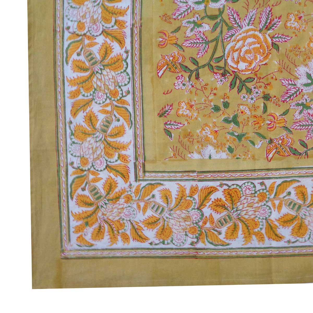 Hand Block Printed Cotton Tablecloth 150x220 cms Naya Gulab Mustard 620634