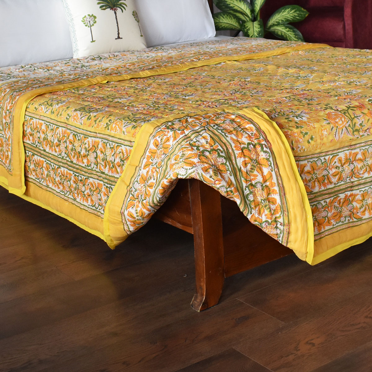 Hand Block Printed Cotton King Size Quilt Naya Gulab Mustard 620634