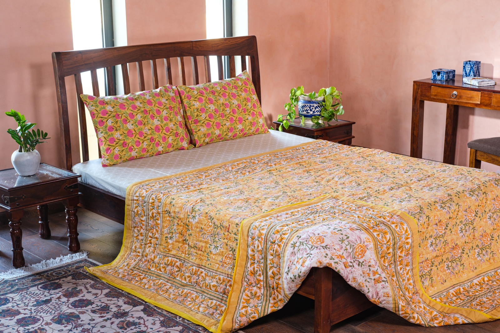 Hand Block Printed Cotton Queen Size Quilt Naya Gulab Mustard 620634