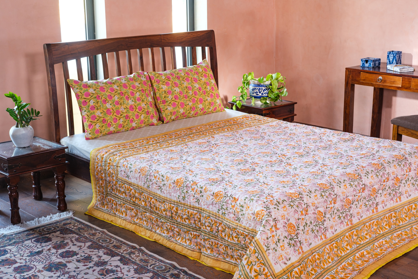 Hand Block Printed Cotton Queen Size Quilt Naya Gulab Mustard 620634
