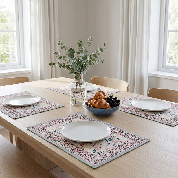 Hand Block Printed Cotton Canvas Table mat 32x48 csm Set of 2 Table mats Naya Gulab Open 102263