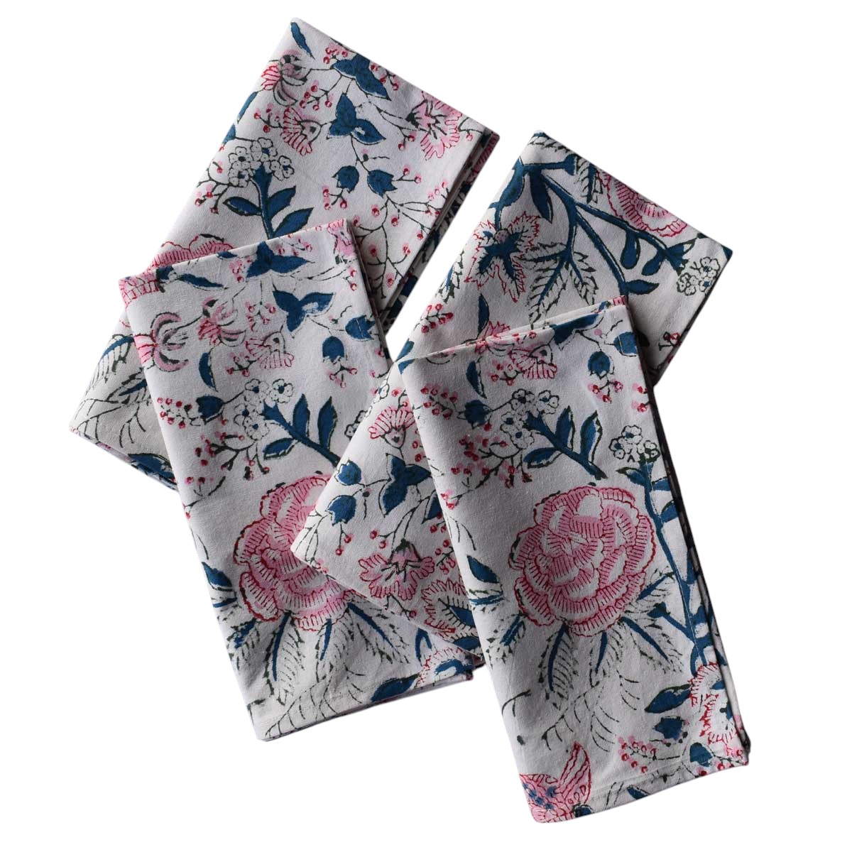 Hand Block Printed Cotton Napkin 45x45 Set of 4 Napkins Naya Gulab Open 106866