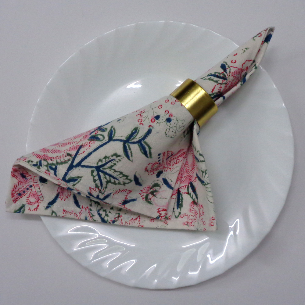 Hand Block Printed Cotton Napkin 45x45 Set of 4 Napkins Naya Gulab Open 106866