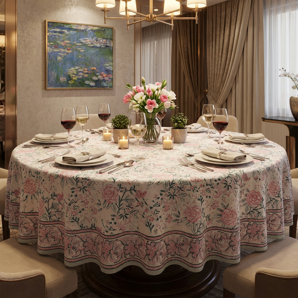 Image of Hand Block Printed Cotton Round Tablecloth 150 cms | Naya Gulab Open 107097