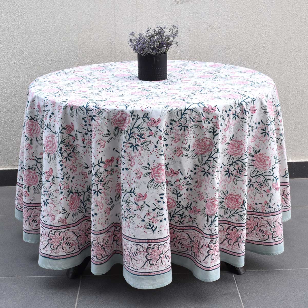 Hand Block Printed Cotton Round Tablecloth 220 cms Naya Gulab Open 107097