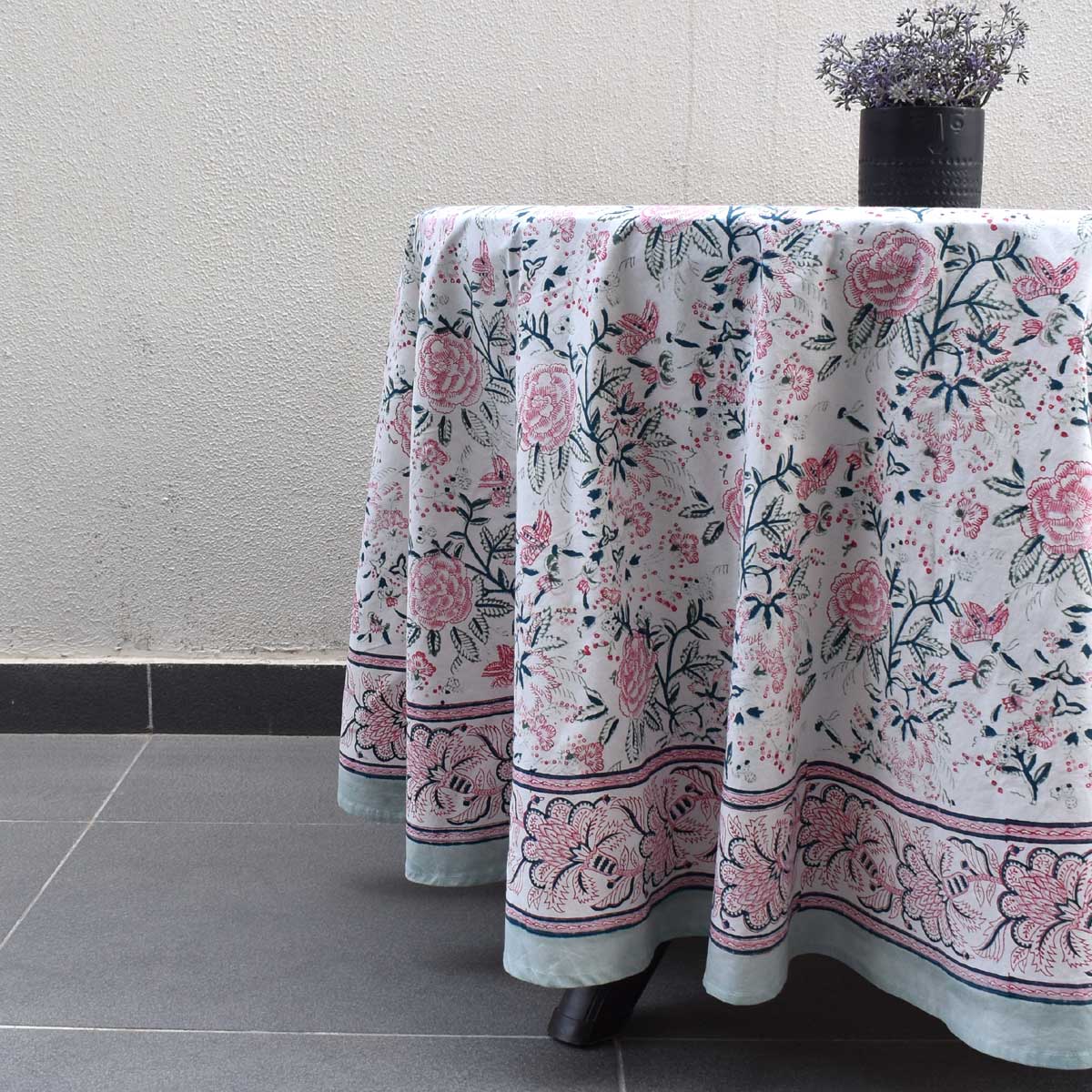 Hand Block Printed Cotton Round Tablecloth 220 cms Naya Gulab Open 107097