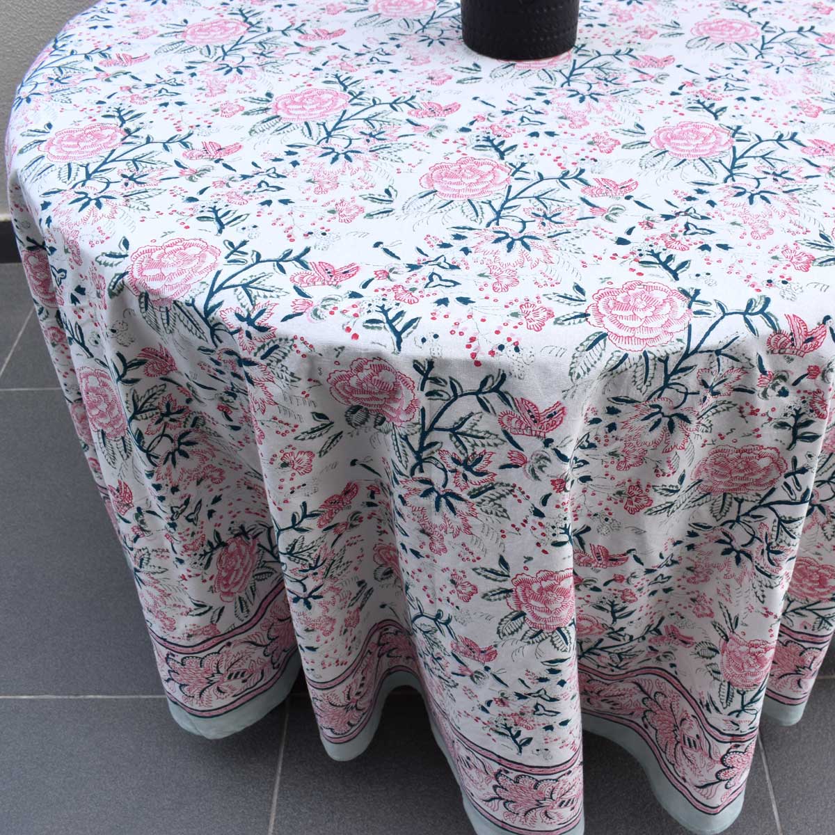 Hand Block Printed Cotton Round Tablecloth 220 cms Naya Gulab Open 107097