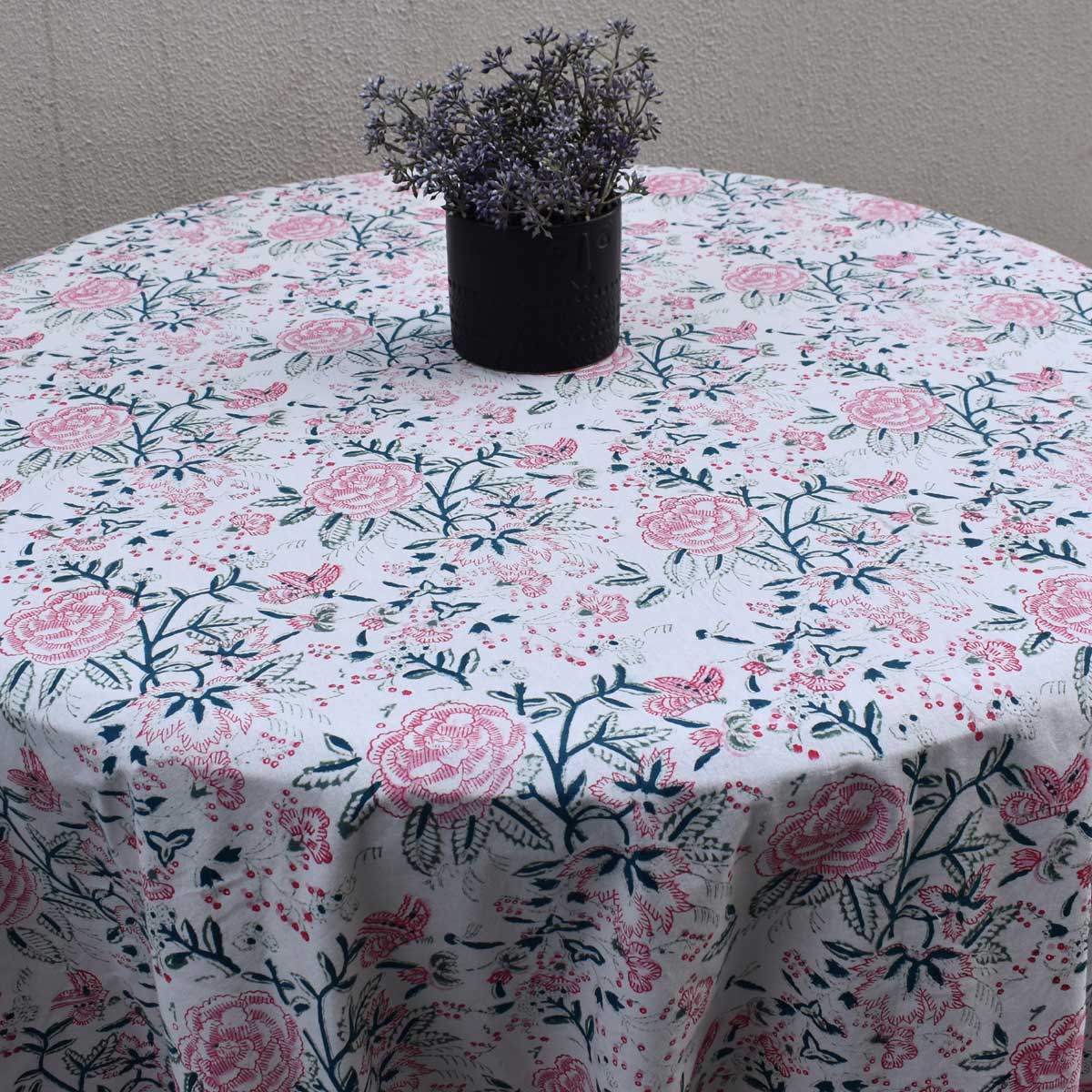 Hand Block Printed Cotton Round Tablecloth 220 cms Naya Gulab Open 107097