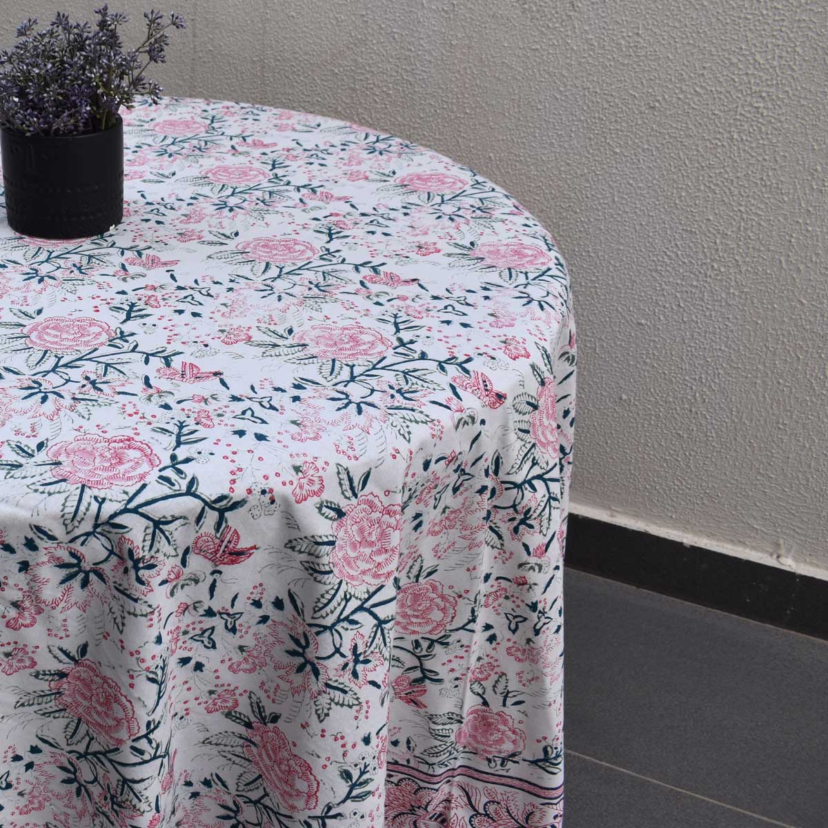 Hand Block Printed Cotton Round Tablecloth 220 cms Naya Gulab Open 107097