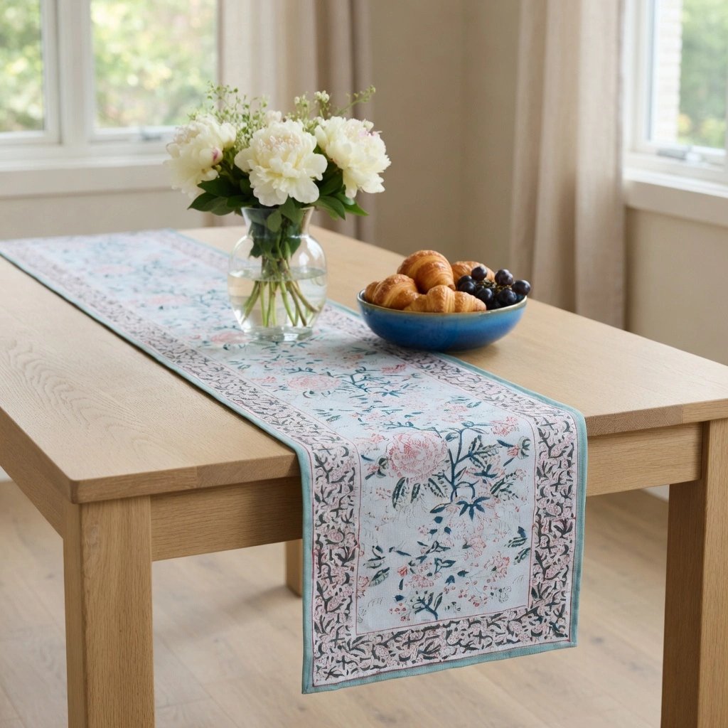 Hand Block Printed Cotton Canvas Table Runner 33x170 cms Naya Gulab Open 203981