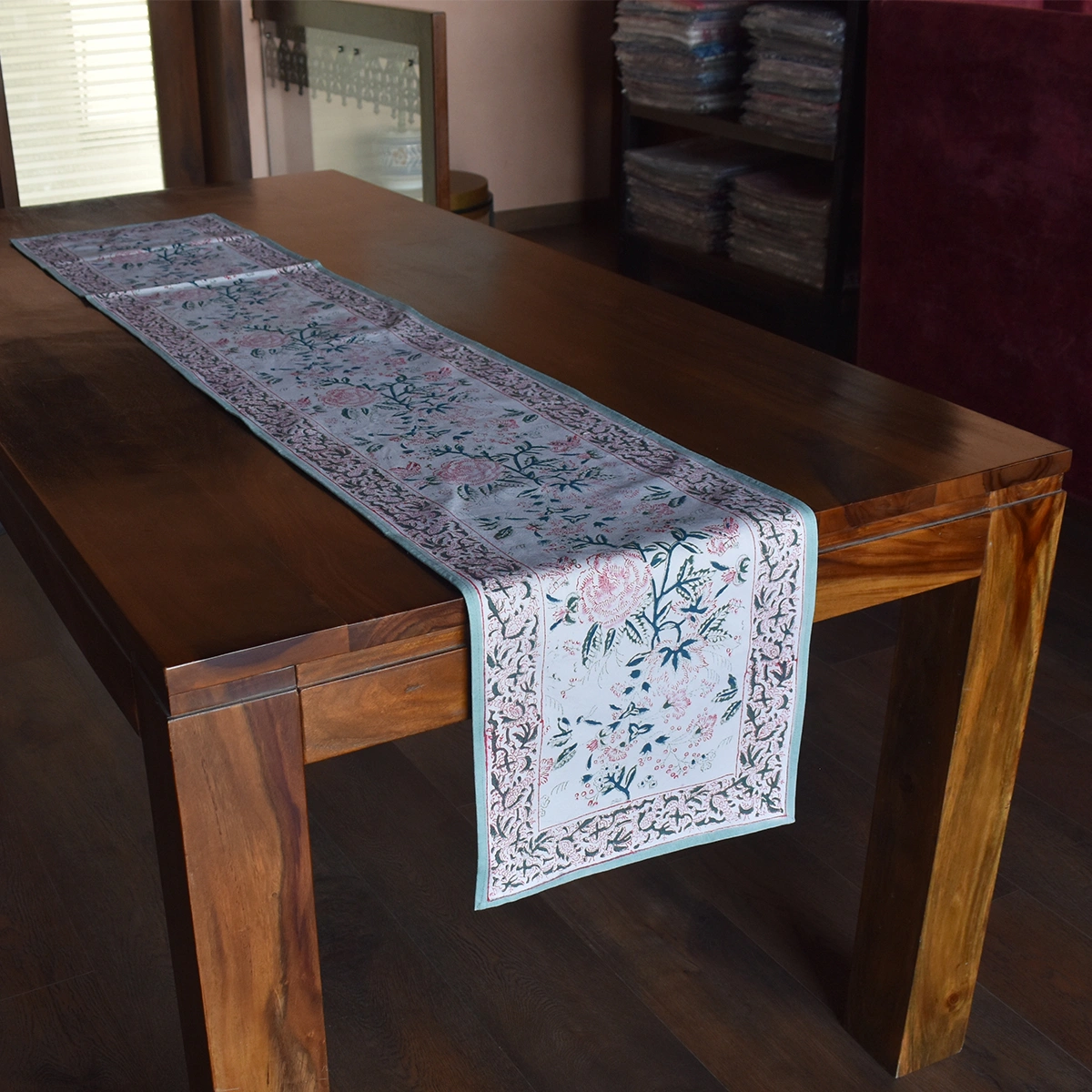 Hand Block Printed Cotton Canvas Table Runner 33x170 cms Naya Gulab Open 203981