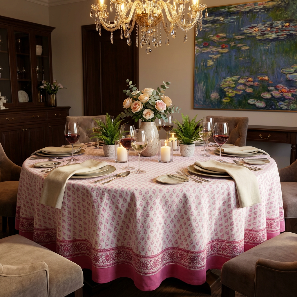 Hand Block Printed Cotton Round Tablecloth 220 cms Neem Carmine Rose 701741