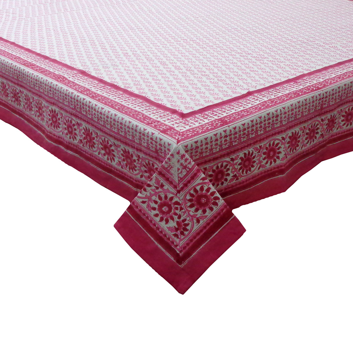 Hand Block Printed Cotton Tablecloth 150x220 cms  Neem Carmine Rose 701741