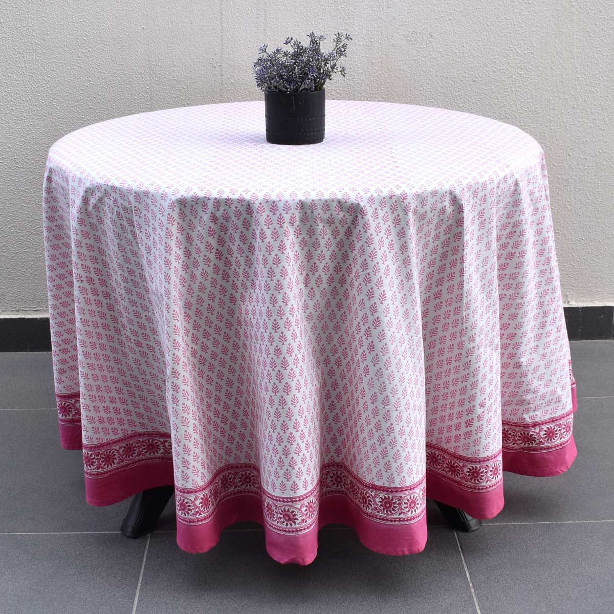 Hand Block Printed Cotton Round Tablecloth 220 cms Neem Carmine Rose 701741