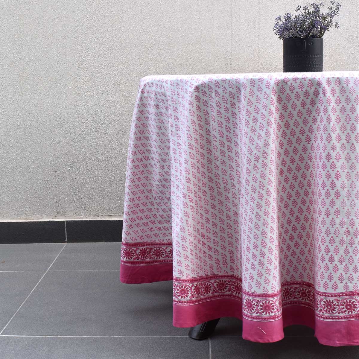 Hand Block Printed Cotton Round Tablecloth 220 cms Neem Carmine Rose 701741