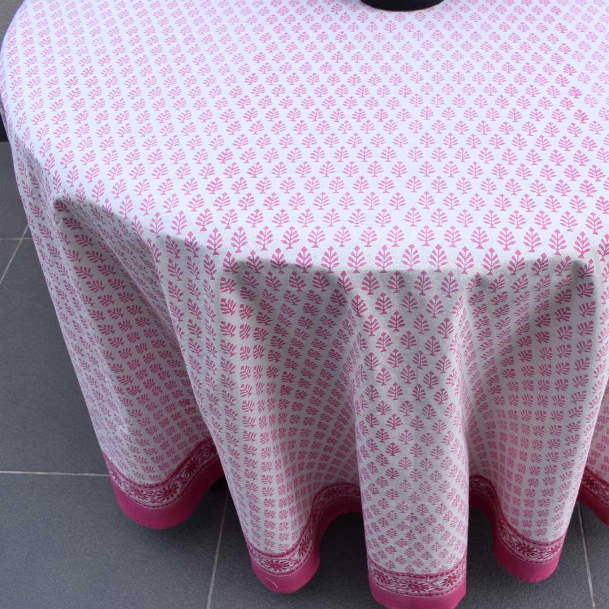 Hand Block Printed Cotton Round Tablecloth 220 cms Neem Carmine Rose 701741