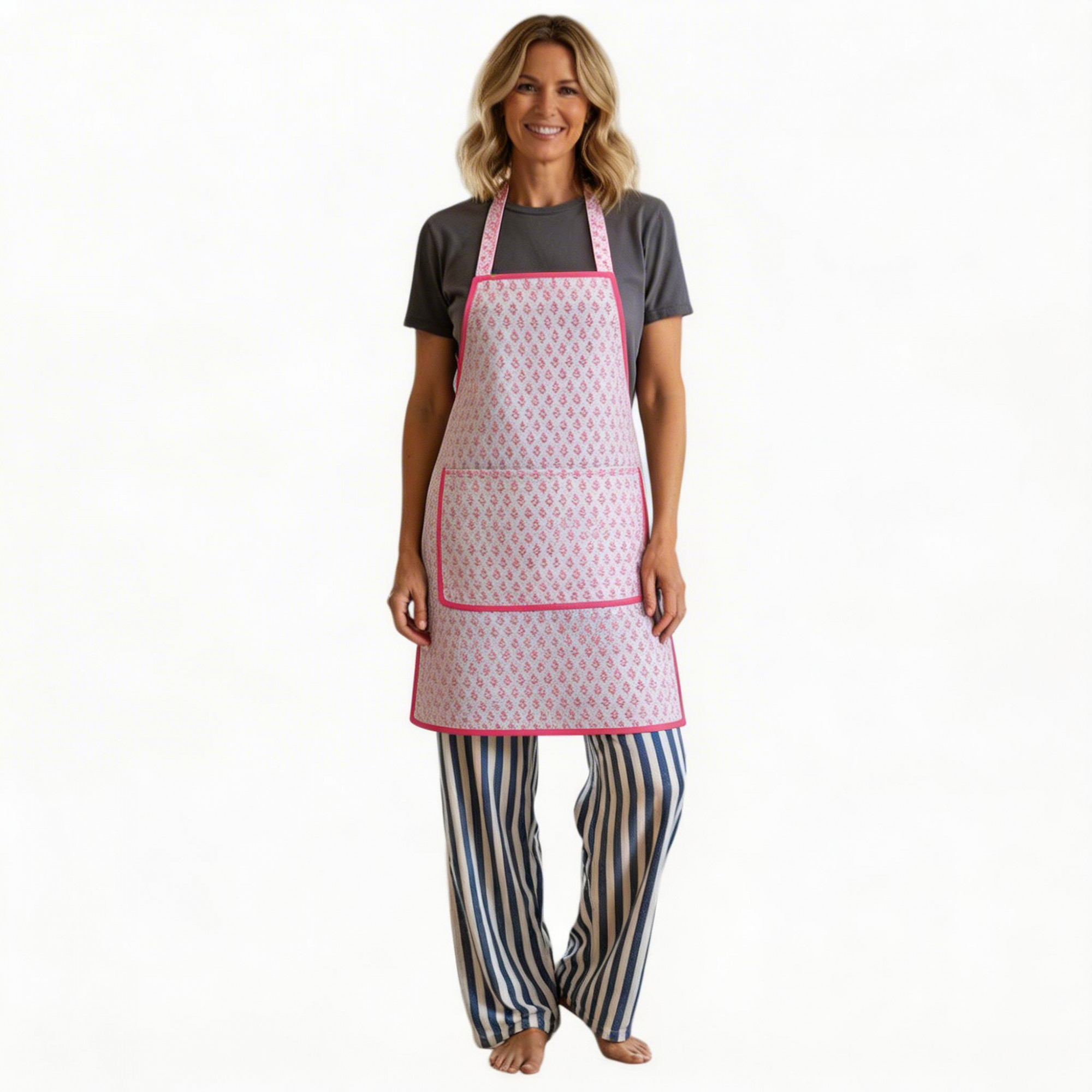 Indian Block-Printed 100 Cotton Apron Neem Carmine Rose 701741