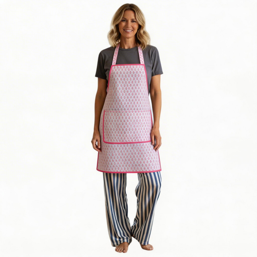 Image of Indian Block-Printed 100% Cotton Apron | Neem Carmine Rose 701741