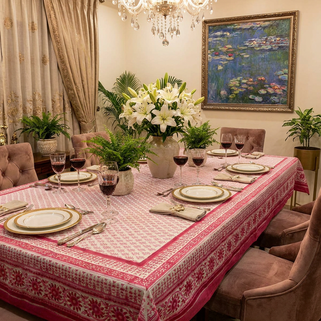 Hand Block Printed Cotton Tablecloth 150x220 cms Neem Carmine Rose 701741