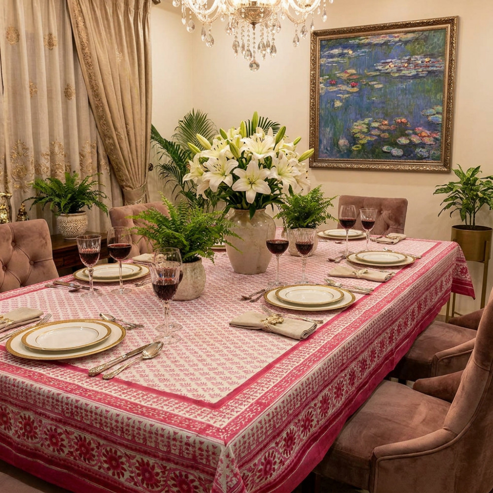 Image of Hand Block Printed Cotton Tablecloth 150x220 cms | Neem Carmine Rose 701741