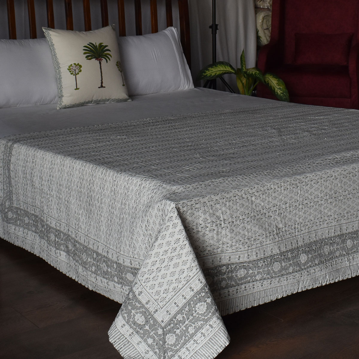 Hand Block Printed Cotton Twin Size Kantha Neem Grey 102640