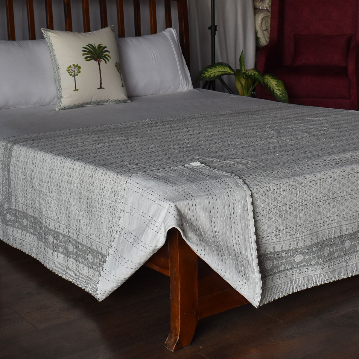 Hand Block Printed Cotton Twin Size Kantha Neem Grey 102640
