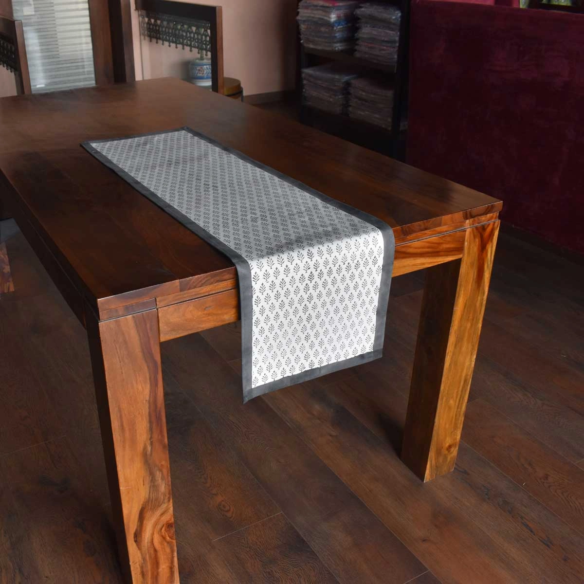 Hand Block Printed Cotton Canvas Table Runner 33x120 cms Neem Grey 102640