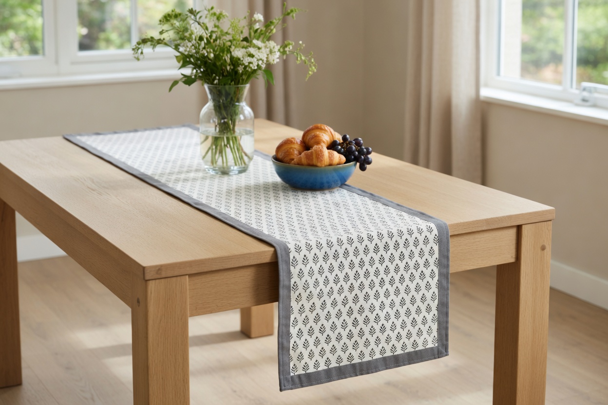 Hand Block Printed Cotton Canvas Table Runner 33x120 cms Neem Grey 102640