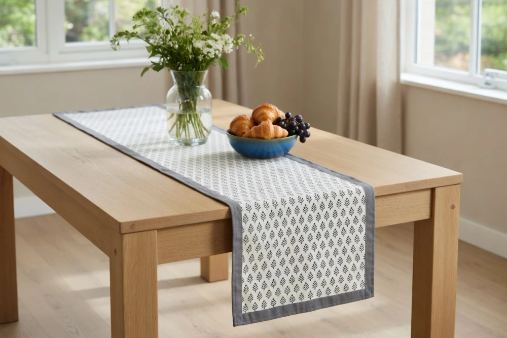 Image of Hand Block Printed Cotton Canvas Table Runner 33x120 cms | Neem Grey 102640