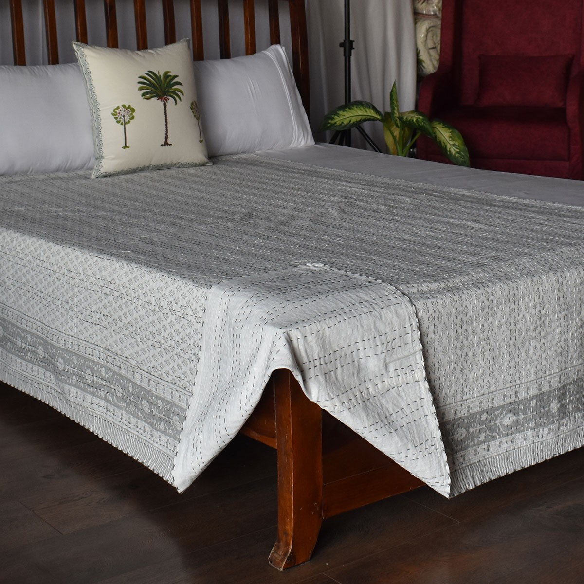 Hand Block Printed Cotton Twin Size Kantha Neem Grey 102640