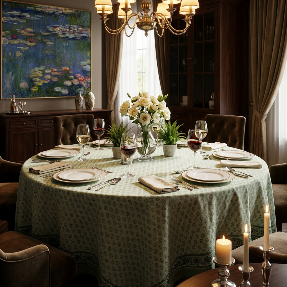 Image of Hand Block Printed Cotton Round Tablecloth 220 cms| Neem Hunter Green 702304