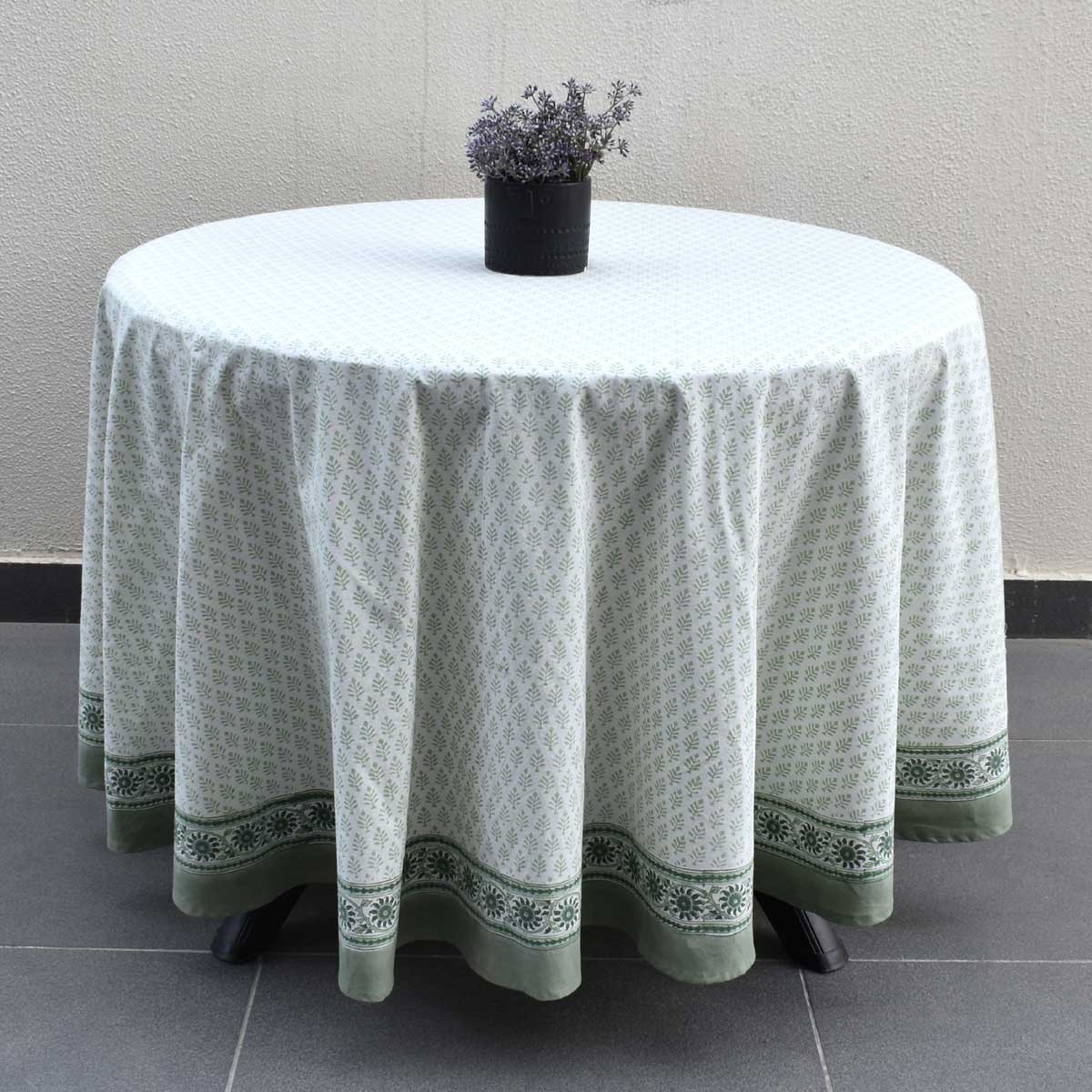 Hand Block Printed Cotton Round Tablecloth 220 cms Neem Hunter Green 702304