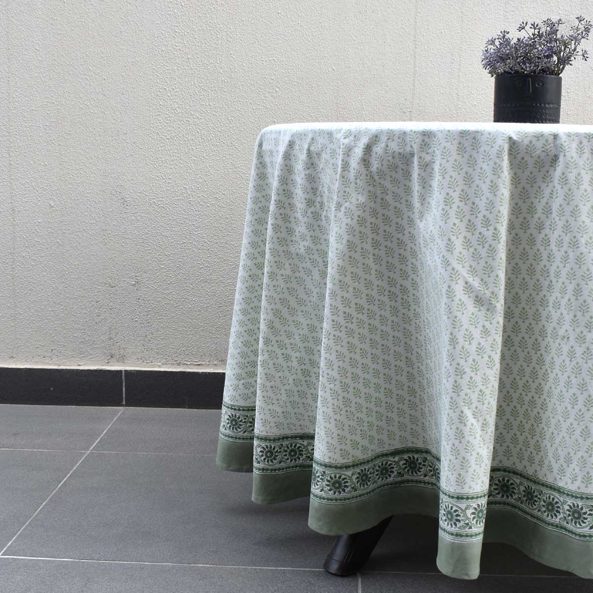 Hand Block Printed Cotton Round Tablecloth 220 cms Neem Hunter Green 702304