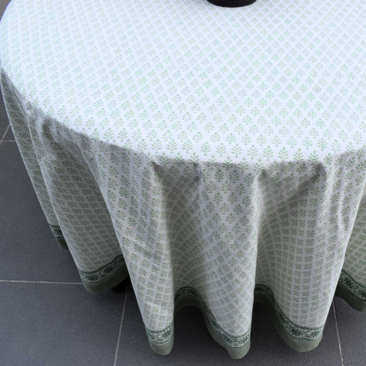 Hand Block Printed Cotton Round Tablecloth 220 cms Neem Hunter Green 702304