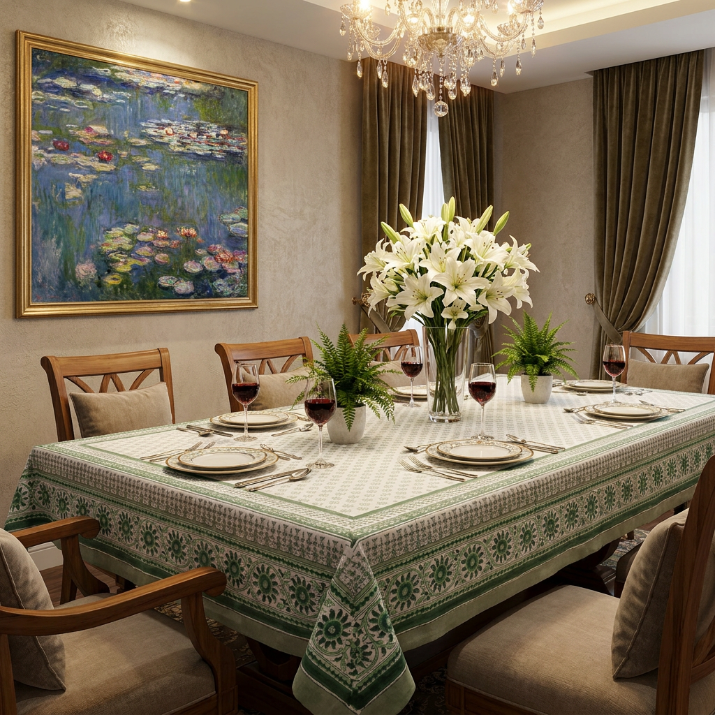 Hand Block Printed Cotton Tablecloth 180x270 cms Neem Hunter Green 702304
