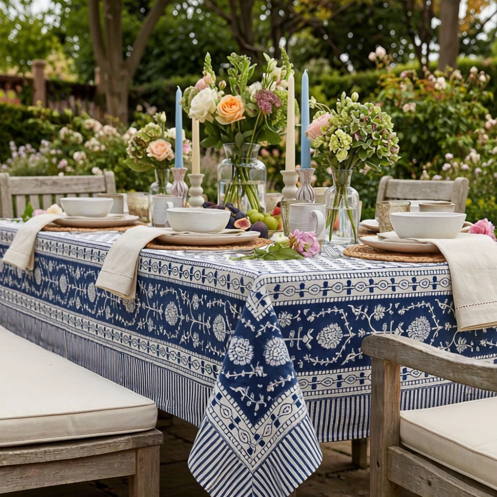 Image of Hand Block Printed Cotton Tablecloth 150x220 cms | Neem Majolika 102625
