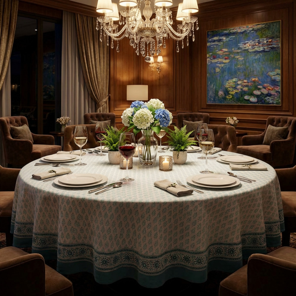 Image of Hand Block Printed Cotton Round Tablecloth 220 cms| Neem Marina 701586