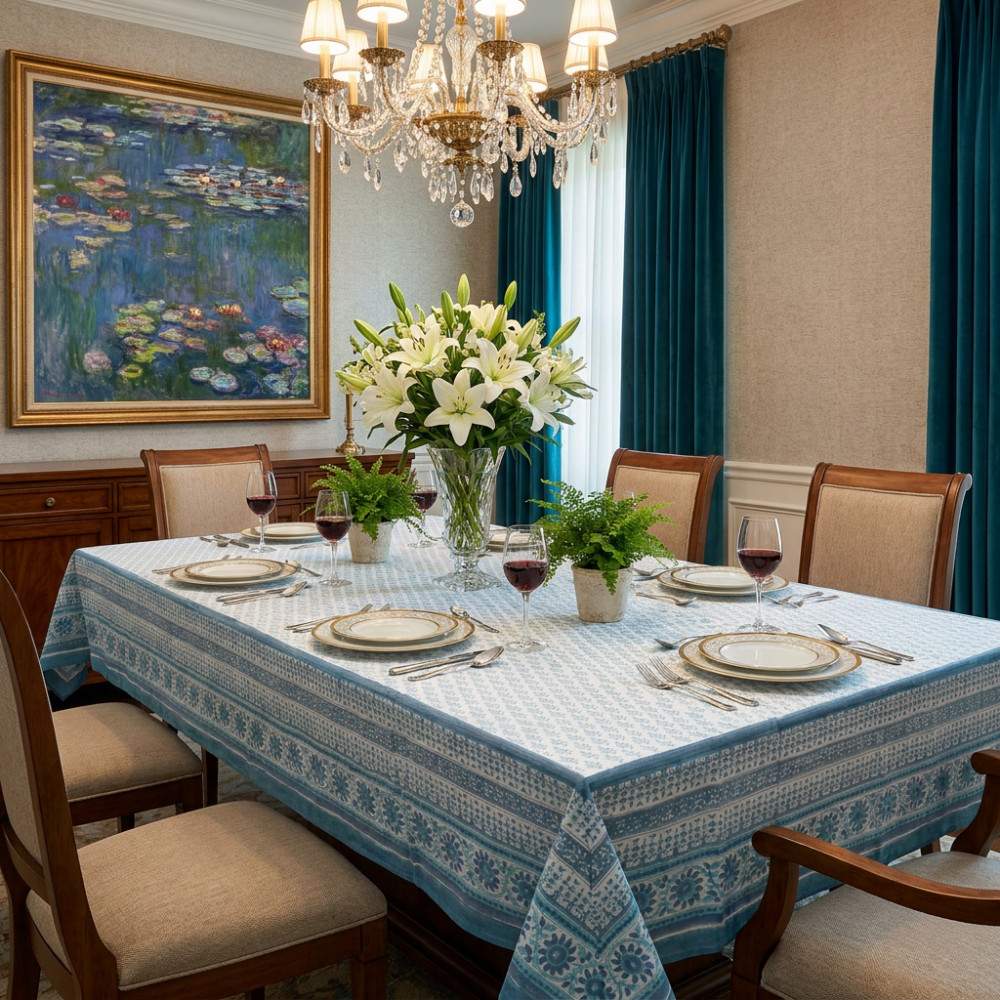 Image of Hand Block Printed Cotton Tablecloth 180x270 cms | Neem Marina 701586