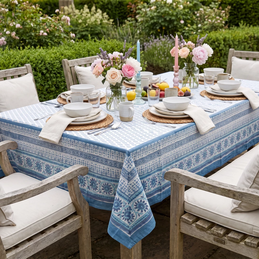 Image of Hand Block Printed Cotton Tablecloth 180x270 cms | Neem Marina 701586