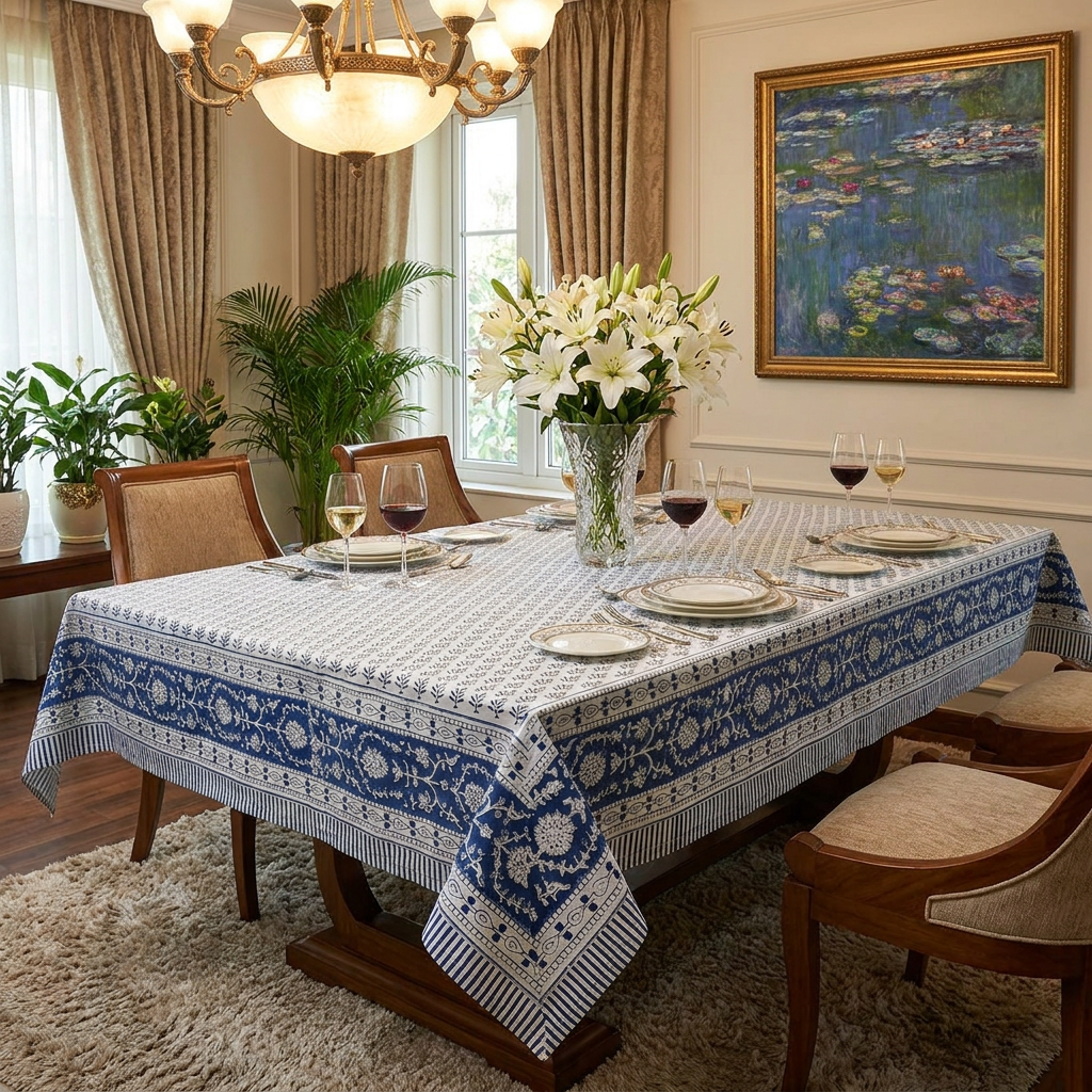 Hand Block Printed Cotton Tablecloth 150x220 cms Neem Navy Blue 208336