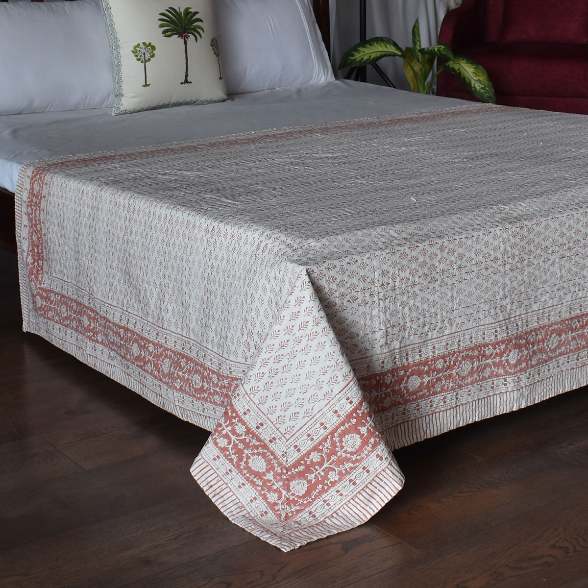 Hand Block Printed Cotton Twin Size Kantha Neem Peach 202071