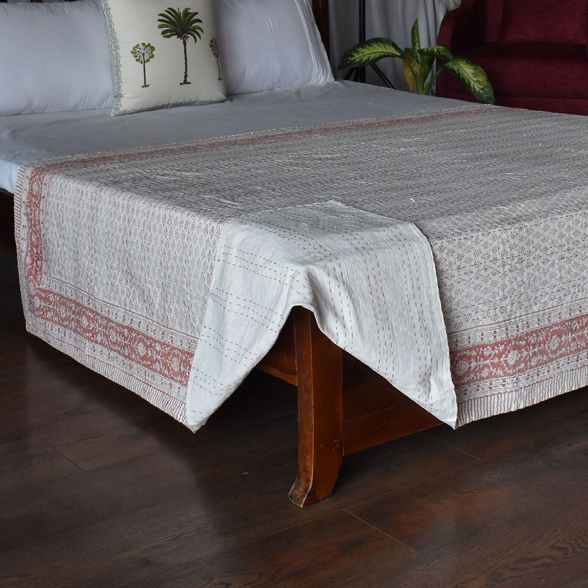 Hand Block Printed Cotton Twin Size Kantha Neem Peach 202071
