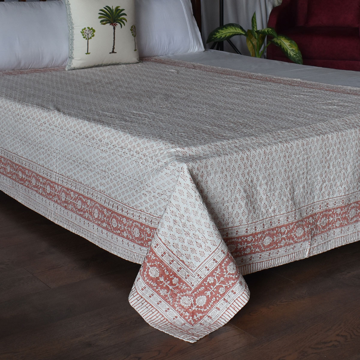Hand Block Printed Cotton Twin Size Kantha Neem Peach 202071