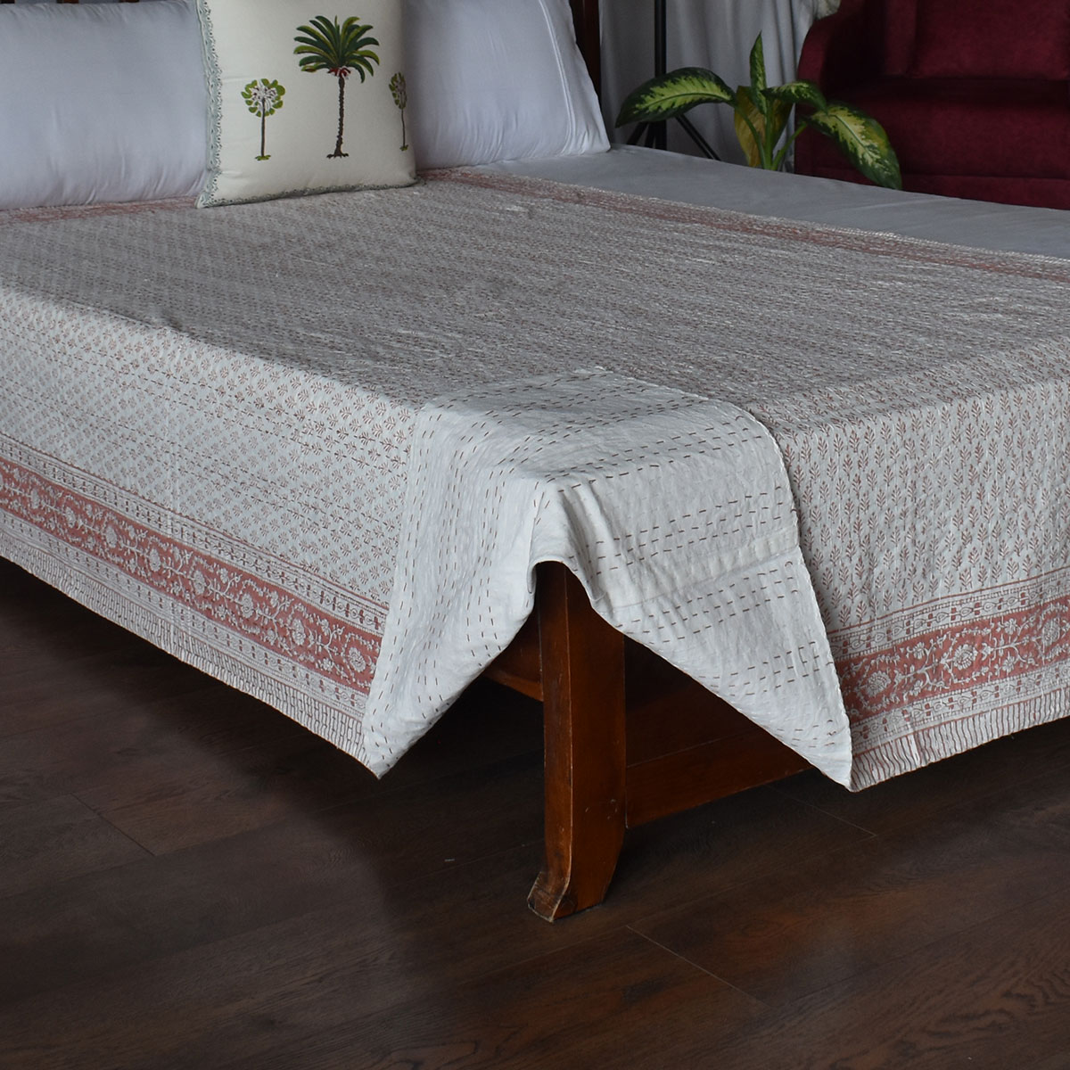 Hand Block Printed Cotton Twin Size Kantha Neem Peach 202071