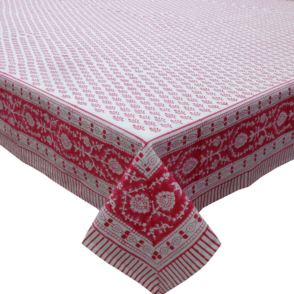 Tablecloth 10 seater in Cotton Hand Block Printed Cotton Tablecloth 200x300 cms  Neem Raspberry 204714