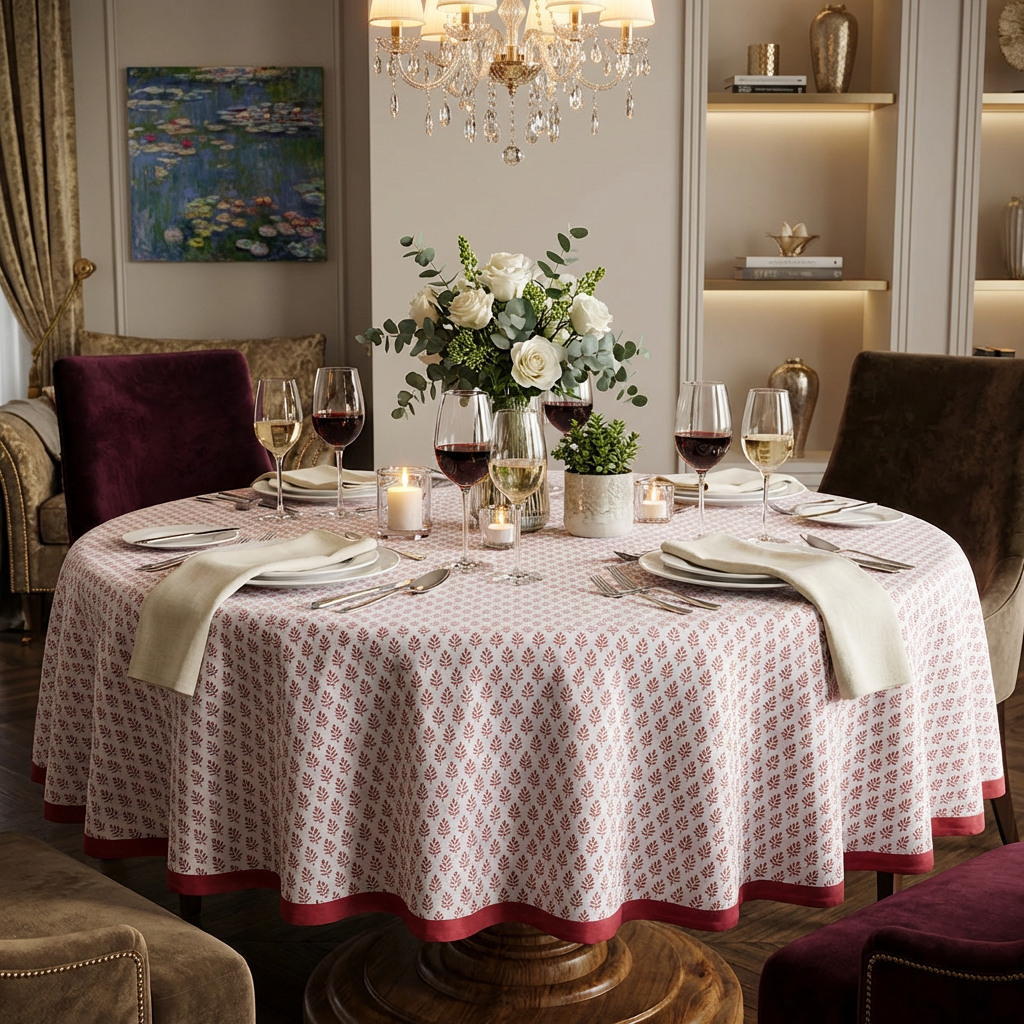 Hand Block Printed Cotton Round Tablecloth 220 cms Neem Raspberry 204714