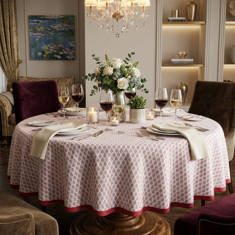 Image of Hand Block Printed Cotton Round Tablecloth 180 cms | Neem Raspberry 204714