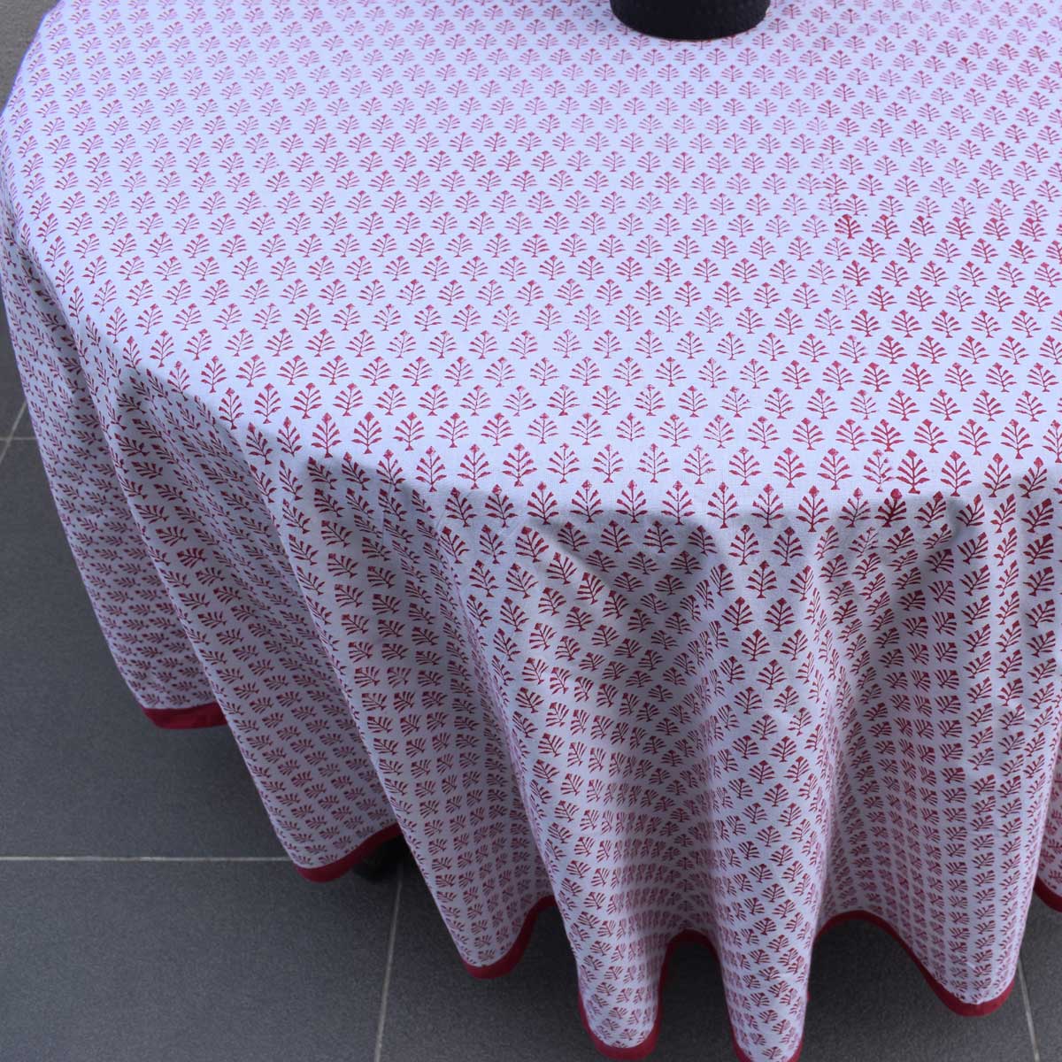 Hand Block Printed Cotton Round Tablecloth 220 cms Neem Raspberry 204714