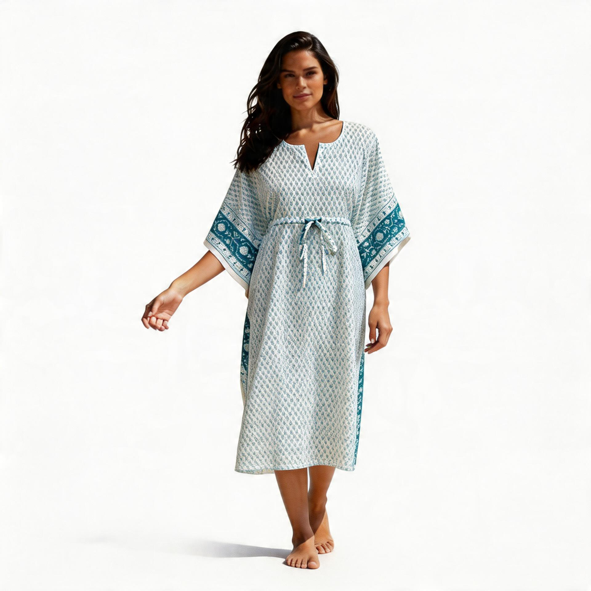 Long Size Kaftan Free Size Indian Block-Printed Loungewear in Soft Cotton Voile Neem Turquoise 301972