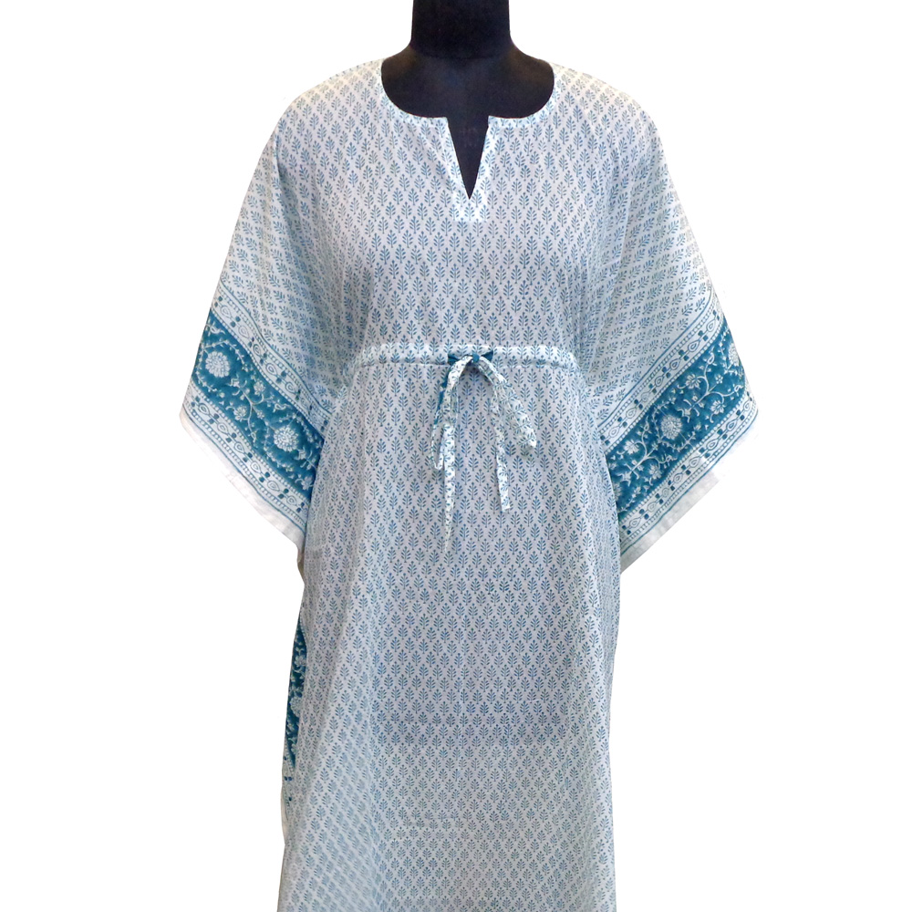 Long Size Kaftan Free Size Indian Block-Printed Loungewear in Soft Cotton Voile Neem Turquoise 301972